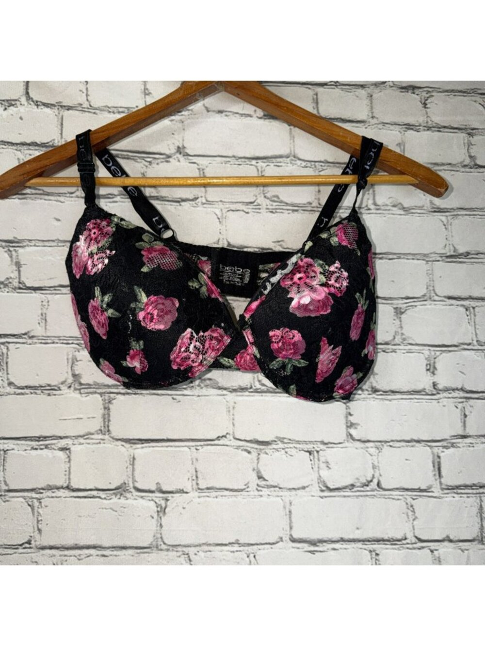 BEBE Push Up Bra Sz 38D Black Floral Lace Wired Padded Adjustable Strap Lingerie